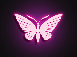 Neon light 3d logo of cute little butterfly shape on glowing background.