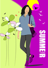 Flower summer  background with girl image. Vector illustration