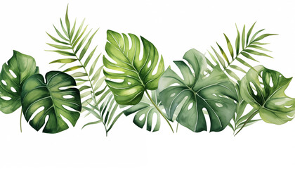 Watercolor banner tropical leaves, isolated, white background
