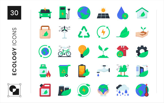 Ecology icon set. sustainability, climate change, renewable, biological, planet, solar, globe. Vector flat icon illustration