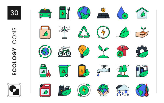 Ecology icon set. sustainability, climate change, renewable, biological, planet, solar, globe. Vector  outline fill icon illustration