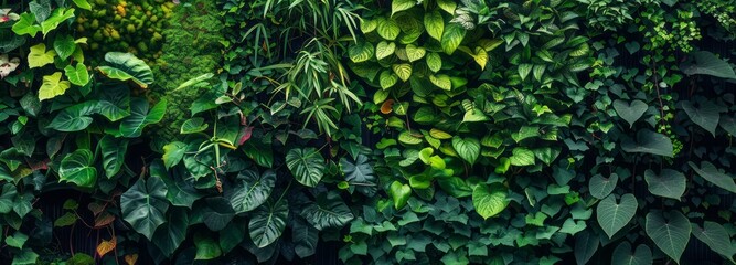 Vibrant Green Foliage Texture with Leaves on Wall in a Lush Garden, Perfect for a Fresh Summer Background , Plant wall, natural green wallpaper and background,vertical garden.