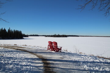 Red Chairs Along The Lake, Elk Island National Park, Alberta
