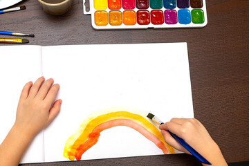 Children finger and paints on a table. children playing the colorful paints.