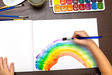 Children's Preschool Art Supplies surrounding Blank Paper Mockup Concept Flat Lay for Montessori Class.