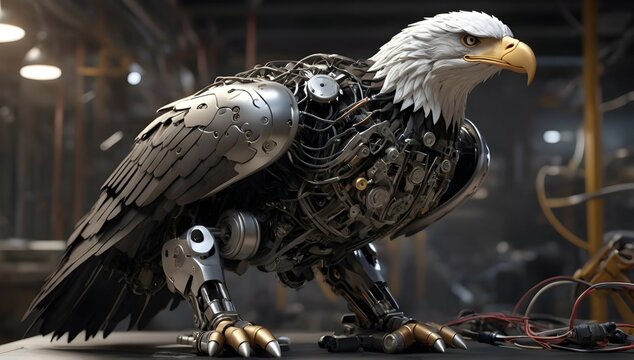 "Explore the intricate inner workings of the robotic eagle, with its exposed wires and gears creating a mesmerizing visual display in this photorealistic render."