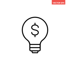 Single black light bulb with dollar mark line icon, simple financial idea flat design interface infographic element for app ui ux web button, vector isolated on white background