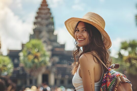 Smiling woman in a summer hat enjoying nature 