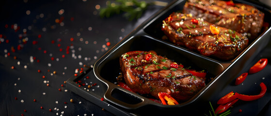 A steak on a cutting board with herbs and spices