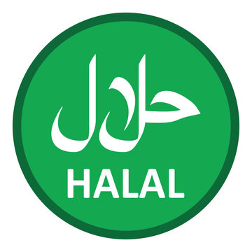 halal icon with arabic and english white text on green background. halal label, symbol, sticker for food or product package. vector illustration on transparent background.