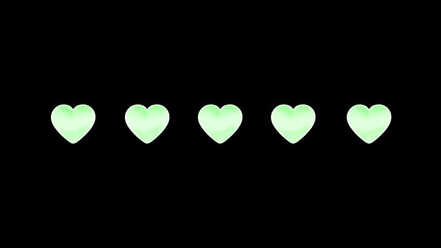 3D five neon glowing rotating hearts on black background