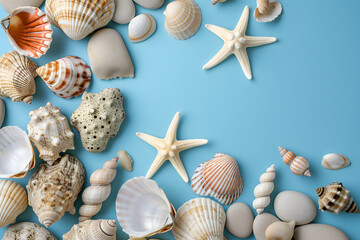 Seashells, pebbles, mockup on blue background. Blank, top view, still life, flat lay. Sea vacation travel concept tourism and resorts. Summer holidays.