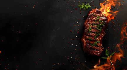 grilled ribeye steak with spices on stone background with copy space for your text