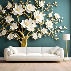 3d wallpaper floral tree with white flower leaves and golden stem. generate ai