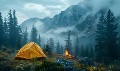Fotobehang A picturesque camping site in nature with tents and campfire, forest, mountain, generated by AI © Sigit