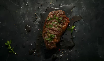 Gordijnen A steak on a cutting board with herbs and spices © NaLan