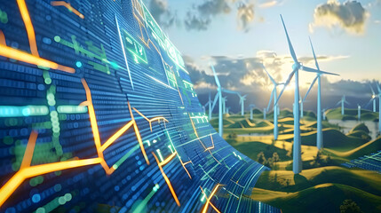 A conceptual image showcasing the integration of green energy solutions and sustainable power engineering, with symbols like wind turbines, solar panels, and eco-friendly technology.
