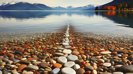 Display an image of pebbles arranged artistically near a lake. - obrazy, fototapety, plakaty