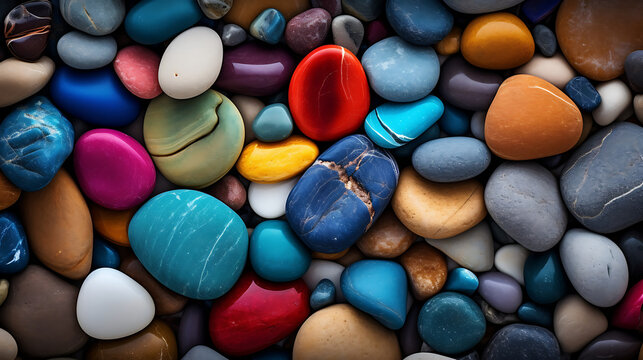 Display an image of colorful stones creating a vibrant contrast on the beach.