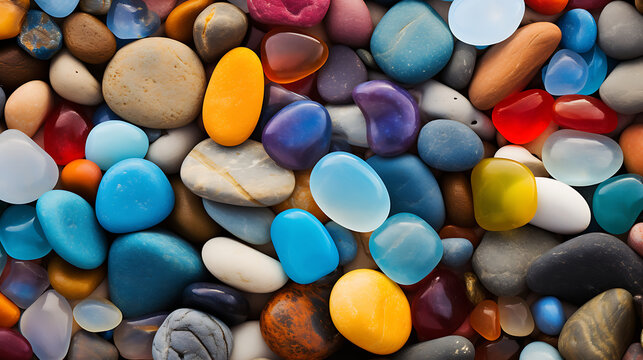 Display an image of colorful stones creating a vibrant contrast on the beach.