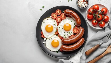 English breakfast - fried eggs, sausages, tomatoes and feta cheese. American food