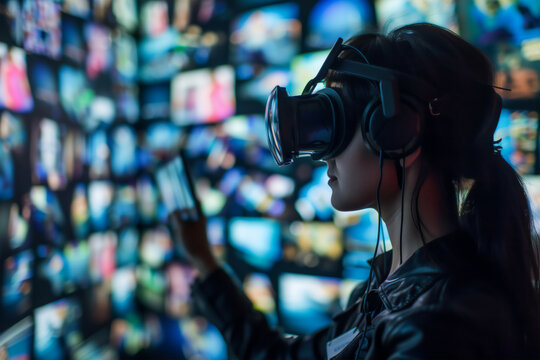 Technology of virtual reality in a digital universe through VR, Display of virtual screens, Perfect intersection of technology, entertainment, and futuristic experiences