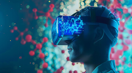 Interacting with virtual reality, Specialist researcher doctor wearing virtual reality goggles during neuroscience experiment in biochemistry hospital laboratory.