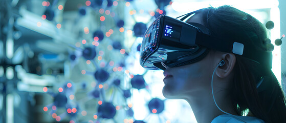 Interacting with virtual reality, Specialist researcher doctor wearing virtual reality goggles during neuroscience experiment in biochemistry hospital laboratory.