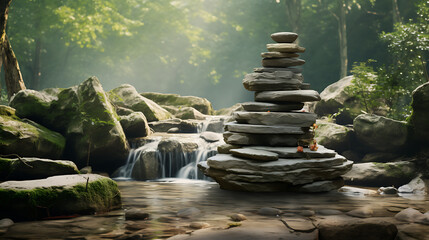 Display an image of stones near a waterfall, creating a soothing soundscape.