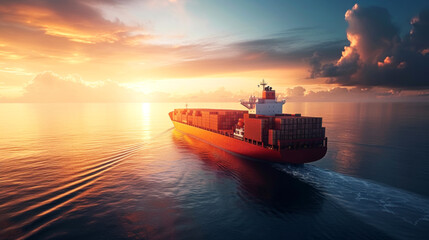 Large cargo ship sailing through calm ocean waters. The scene is illuminated by the bright sunlight.