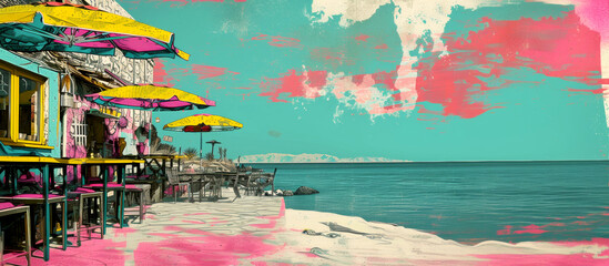 Cafe on seacoast beach. Illustration of paradise island. Banner