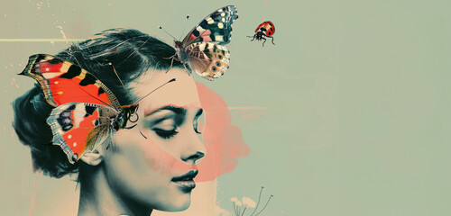 Surrealism - style collage. Vintage portrait of a woman. Panorama
