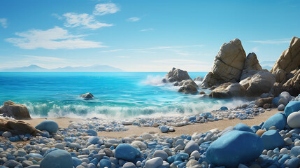 Display a coastal landscape with stones contrasting against the blue sea.
