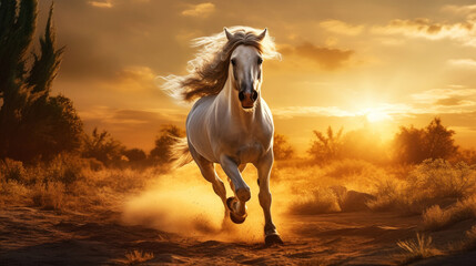 White horse run gallop in dust aganist blue sky. Fast and strong animal