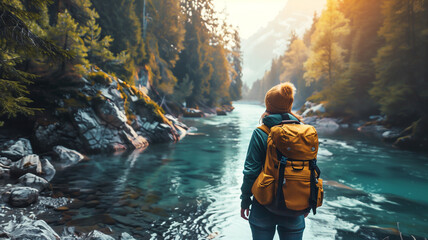 A solitary hiker gazes upon a serene river flanked by the vibrant colors of a forest, embodying the spirit of adventure and the peacefulness of nature - obrazy, fototapety, plakaty