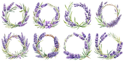 Set of watercolor wreaths of lavender flowers on a transparent background