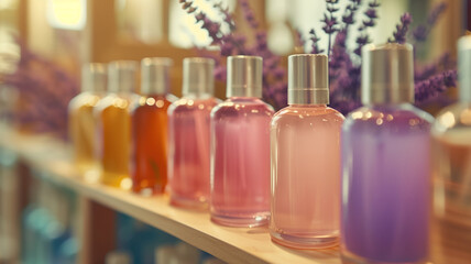 A lineup of colorful, translucent fragrance bottles, artfully arranged to showcase a variety of...