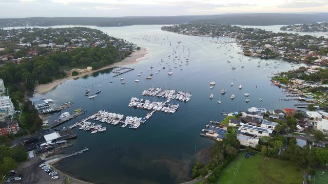 Aerial drone view of Gunnamatta Bay on the Port Hacking at Cronulla in the Sutherland Shire, South Sydney, NSW Australia during the early morning in February 2024 