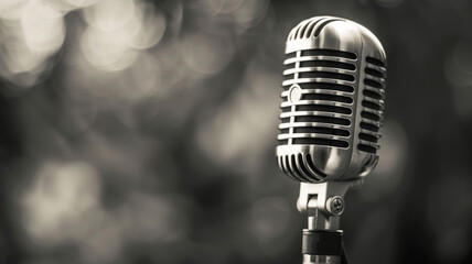A classic microphone against a soft bokeh background, capturing the essence of a bygone era in music and performance