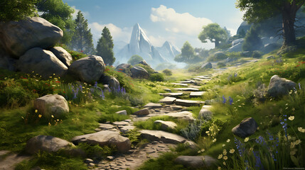 Display a scene of stones creating a natural path through a lush meadow. - Powered by Adobe