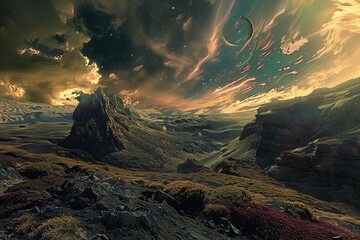 An image showing a desert in the sky, in the style of vibrant fantasy landscapes, photo-realistic landscapes, dark red and dark green, flickr, elaborate artistic environments, celestialpunk, nebulous  - obrazy, fototapety, plakaty