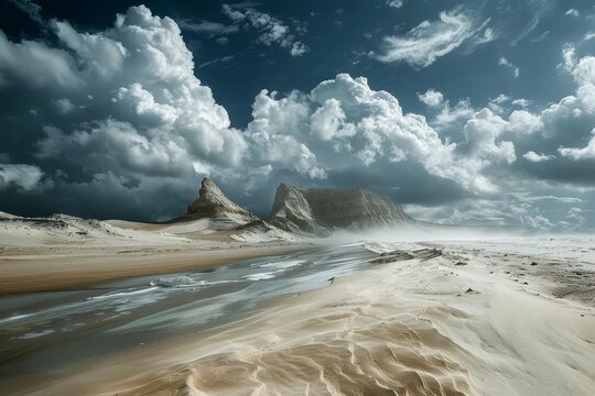 An image of a deserted beach, in the style of imaginative fantasy landscapes, national geographic photo, atmospheric clouds, futuristic spacescapes