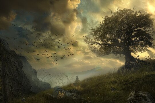 Birds flying over a tree and landscape, in the style of fantasy landscapes, moody tonalism, flickr, photobashing, mountainous vistas, pastoral charm, fine and detailed