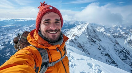 Fototapeta na wymiar a conquering a mountain peak with a triumphant selfie at the summit