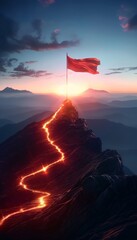 Concept of step-by-step achievement of goals. Glowing path leading to success and achievements concept with flag on peak of mountain. Ad poster for business in social media stories presentation.