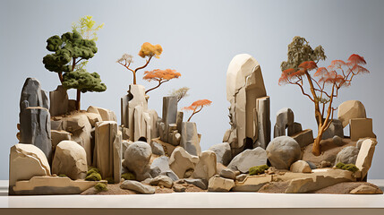 Display stones in various sizes and shapes forming a picturesque landscape.