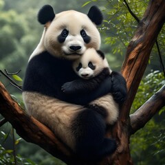 Obraz premium A panda is hugging its cub on a tree branch