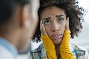 Obraz premium Emotional woman seeking medical advice, teary-eyed