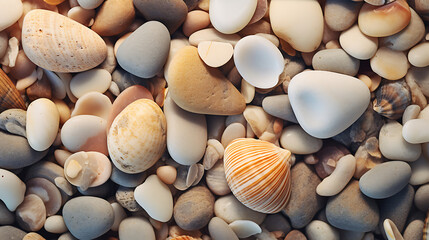 Display stones near the ocean with seashells scattered on the sandy beach. - obrazy, fototapety, plakaty