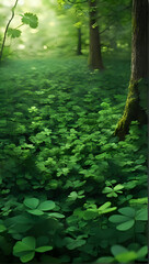 Patrick's day, Morning Green Forest: Serene Nature Landscape with Lush Trees, Path, and Foliage